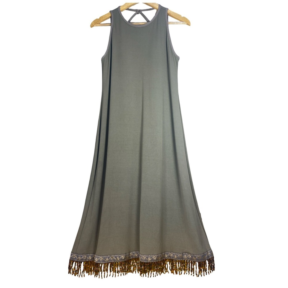 Vintage Barbara Lesser Boho Beaded Fringe Midi Shift Dress Keyhole Back M earthy